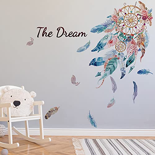 Traumfänger Farbige Feder Wandaufkleber, Sprüche und Zitate The Dream Zitate Wandtattoo, Peeling und Kleben Wandsticker, Abnehmbar DIY Wanddekore für Mädchenzimmer Kinderzimmer Schlafzimmer Wanddeko von AROOLY