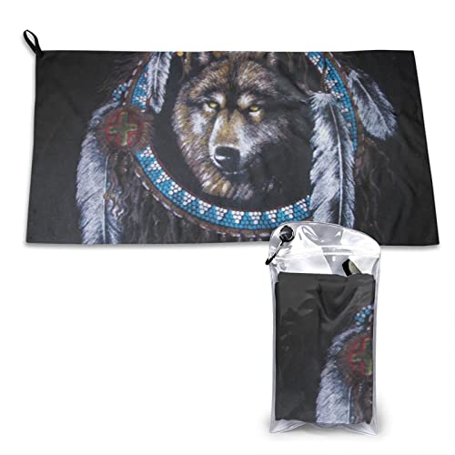 AROONS Schnell trocknendes Handtuch mit Tasche – Indianer-Wolf, bedruckt, super saugfähig, Mikrofaser, Reise-Sporthandtücher, 80 x 40 cm von AROONS