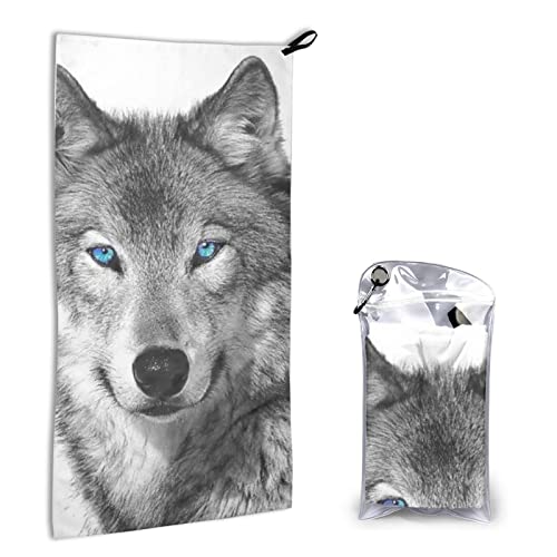 Schnell trocknendes Handtuch mit Tasche – Blauäugiger Wolf bedruckt, super saugfähig, Mikrofaser, Reise-Sporthandtücher, 40 x 80 cm von AROONS