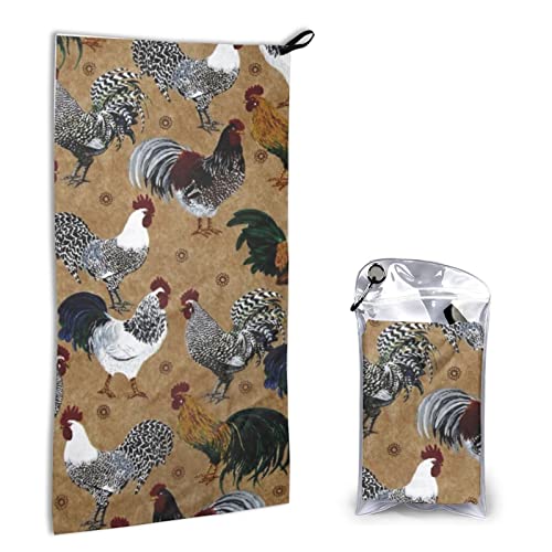 AROONS Schnell trocknendes Handtuch mit Tasche – Hahn- und Huhn-Druck, super saugfähiges Gesichtstuch, Mikrofaser, Reise-Sport-Handtücher, 40 x 80 cm von AROONS