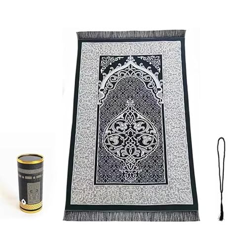 AROSDAMAD Muslimischer Gebetsteppich mit Gebetsperlen als elegantem-Geschenkbox | Sajadah | Janamaz | Islamisches Geschenk | Gebet Teppich Matte, Hajj Umrah Geschenk - Silber Schwarz von AROSDAMAD