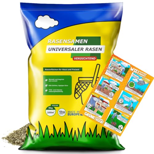 Rasensamen 5 kg schnellkeimend - ARPON Grassamen - Rasensaat für sattgrünen - Universal Samen ideal für Neuansaat und Nachsaat - Gras strapazierfähig Made in EU von ARPON