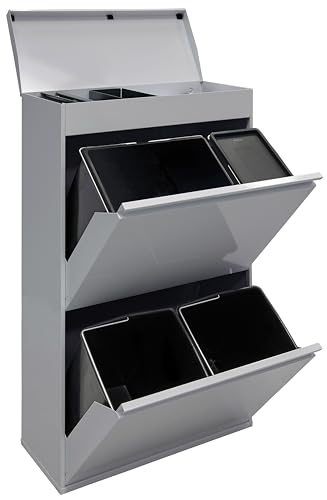 ARREGUI Top CR622-B2 Mülltrennsystem aus Stahl mit Aufbewahrungsbox mit Deckel | 4 Fächer Mülleimer für die Küche | 23+11+17+17 L (68 L) |1 Extra Großer Eimer | 4 Fach Abfalleimer | hellgrau von ARREGUI