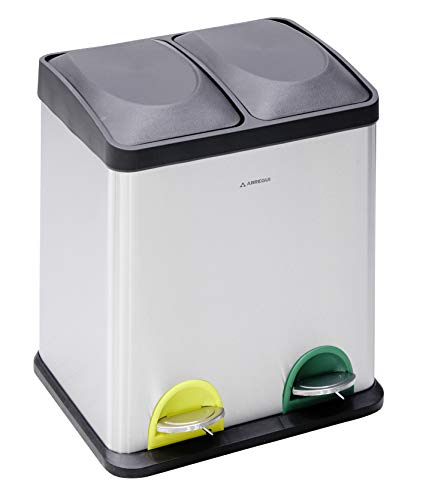 Arregui Step Bin CR705-30L Pedal Abfalleimer/Mülleimer aus Edelstahl, Mülltrennsystem mit 2 entnehmbaren Inneneimern aus Kunststoff mit Griff, 2 x 15L (30L), edelstahl und schwarz von ARREGUI