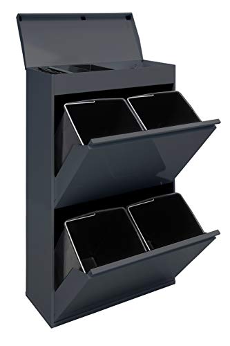 ARREGUI Top CR624-B Recycling Abfalleimer / Mülleimer aus Stahl mit Aufbewahrungsbox mit Deckel, Mülltrennsystem mit 4 entnehmbaren Inneneimern aus Kunststoff mit Griff, 4 x 17L ( 68L), anthrazit von ARREGUI