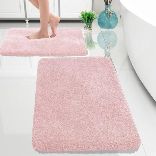 ARRITS Badezimmerteppich Set 2 Teilig, Badezimmermatte rutschfest Waschbar Flauschige Weich Mikrofaser Hochflor Badmatten, Saugfähige Duschteppich für Badewanne und Badezimmer (40x60cm+50x80cm, Rosa) von ARRITS