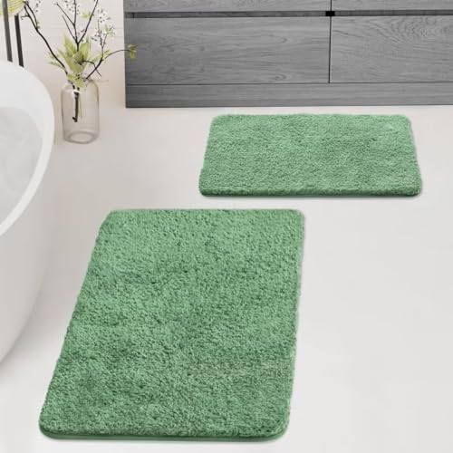 ARRITS Badezimmerteppich Set 2 Teilig, rutschfeste Badematte Waschbar, Weich Badezimmermatte Wasserabsorbierend Mikrofaser Badematte Grün, Hochflor Duschteppich für Dusche, Badewanne und Toilette von ARRITS