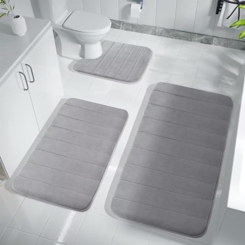 ARRITS Badezimmerteppich Set 3 Teilig, Memory Foam Badematte Set rutschfest Waschbar, Super Saugfähiger Weich Badvorleger Maschinenwaschbar und Toilettenmatte für Dusche, Badewanne und Wc (Grau) von ARRITS