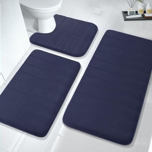 ARRITS Badezimmerteppich Set 3 Teilig, Memory Foam Badematte Set rutschfest Waschbar, Super Saugfähiger Weich Badvorleger Maschinenwaschbar und Toilettenmatte für Dusche, Badewanne und Wc (Navy Blau) von ARRITS