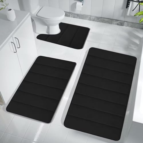 ARRITS Badezimmerteppich Set 3 Teilig, Memory Foam Badematte Set rutschfest Waschbar, Super Saugfähiger Weich Badvorleger Maschinenwaschbar und Toilettenmatte für Dusche, Badewanne und Wc (Schwarz) von ARRITS