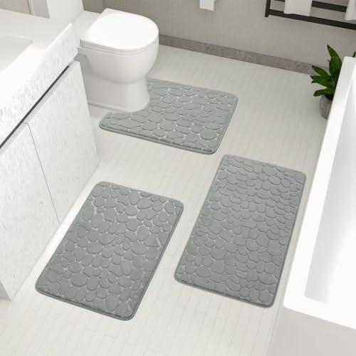 ARRITS Badezimmerteppich Set 3 Teilig, Memory Foam rutschfeste Badematte Set WC Vorleger, extra stark Saugfähige Weich Badteppich Set Grau, Waschbare Bad Teppich Duschmatte für Badezimmer Wohnzimmer von ARRITS