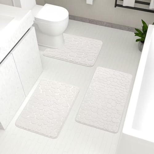 ARRITS Badezimmerteppich Set 3 Teilig, Memory Foam rutschfeste Badematte Set WC Vorleger, extra stark Saugfähige Weich Badteppich Set Weiß, Waschbare Bad Teppich Duschmatte für Badezimmer Wohnzimmer von ARRITS