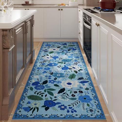 ARRITS Blau Waschbarer Läufer Teppich Flur 80x120cm Vintage Blumen Boho Teppich Weich rutschfest Blumenmuster Bettvorleger Kurzflor Flurläufer Teppiche für Küchen Wohnzimmer Schlafzimmer Badezimmer von ARRITS