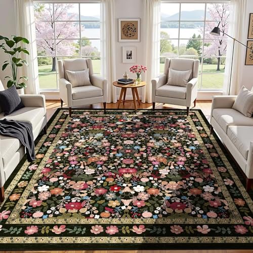 ARRITS Blumen Teppich 140x200cm Schwarz Vintage Boho Waschbar rutschfest Wohnzimmerteppich Weiche Kurzflor Farbenfrohe Dünne Schlafzimmer Bodenmatte Für Esszimmer Spielzimmer Kinderzimmer Bauernhaus von ARRITS