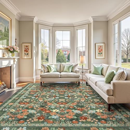 ARRITS Blumen Teppich 180x240cm Grün Vintage Boho Waschbar rutschfest Wohnzimmerteppich Weiche Kurzflor Farbenfrohe Dünne Schlafzimmer Bodenmatte Für Esszimmer Spielzimmer Kinderzimmer Bauernhaus von ARRITS
