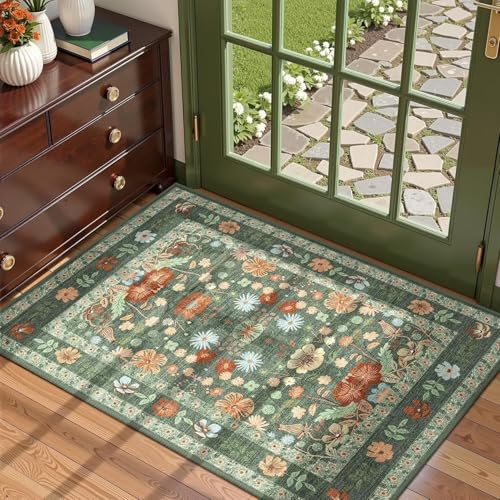 ARRITS Blumen Teppich für Eingangsbereich 60x90 cm Waschbar Kleine Vintage Boho Badezimmer Fußmatte Rutschfester Weicher Kurzflor Dünner Innen Teppiche Für Küche Haustür Eingang Bauernhaus, Grün von ARRITS