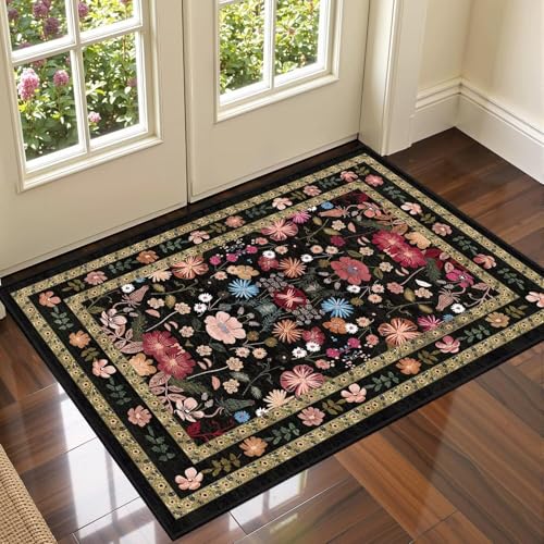 ARRITS Blumen Teppich für Eingangsbereich 60x90 cm Waschbar Kleine Vintage Boho Badezimmer Fußmatte Rutschfester Weicher Kurzflor Dünner Innen Teppiche Für Küche Haustür Eingang Bauernhaus, Schwarz ARRITS Blumen Teppich für Eingangsbereich 60x90 cm Waschbar Kleine Vintage Boho Badezimmer Fußmatte Rutschfester Weicher Kurzflor Dünner Innen Teppiche Für Küche Haustür Eingang Bauernhaus, Schwarz von ARRITS