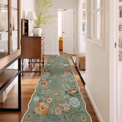 ARRITS Boho Teppich Läufer Flur 80x160 cm Grün Flächenteppiche Unregelmäßig Geformte Weicher Vintage Blumen Küchenteppich Waschbar rutschfest Kurzflor Teppich für Flure Küche Waschküche Schlafzimmer von ARRITS