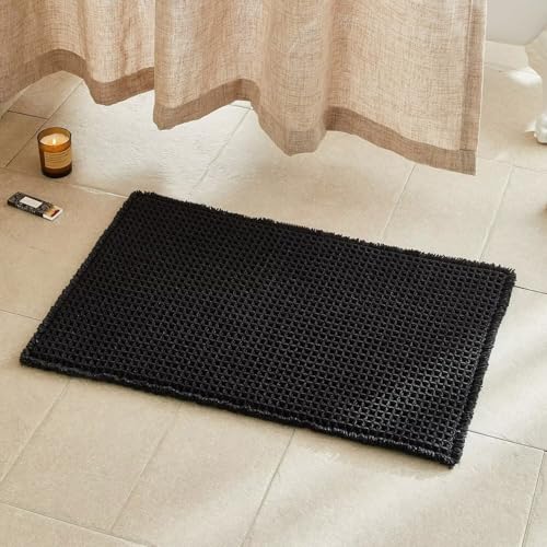 ARRITS Boho Waffle Badteppich 61x92cm Schwarz Superabsorbierende Waffle Badematte rutschfest Waschbar Badvorleger Weich Bauernhaus Badezimmerteppich mit Quasten Duschvorleger für Badezimmerboden Deko von ARRITS