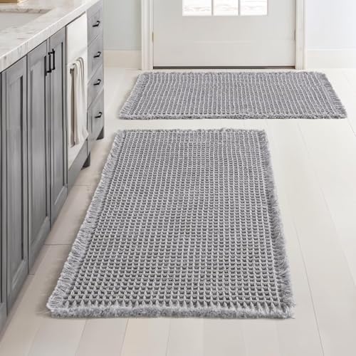 ARRITS Boho Waffle Badteppich Set 2 Teilig 43x61cm Grau Super Saugfähiger Weich Waffle Badematte Set rutschfest Waschbar Badvorleger Badezimmerteppich mit Quasten Duschvorleger für Badezimmerboden ARRITS Boho Waffle Badteppich Set 2 Teilig 43x61cm Grau Super Saugfähiger Weich Waffle Badematte Set rutschfest Waschbar Badvorleger Badezimmerteppich mit Quasten Duschvorleger für Badezimmerboden von ARRITS
