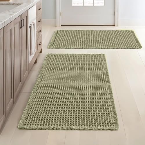 ARRITS Boho Waffle Badteppich Set 2 Teilig 43x61cm Grün Super Saugfähiger Weich Waffle Badematte Set rutschfest Waschbar Badvorleger Badezimmerteppich mit Quasten Duschvorleger für Badezimmerboden von ARRITS