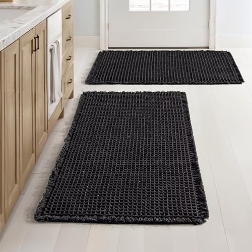 ARRITS Boho Waffle Badteppich Set 2 Teilig 46x77cm Schwarz Super Saugfähiger Weich Waffle Badematte Set rutschfest Waschbar Badvorleger Badezimmerteppich mit Quasten Duschvorleger für Badezimmerboden ARRITS Boho Waffle Badteppich Set 2 Teilig 46x77cm Schwarz Super Saugfähiger Weich Waffle Badematte Set rutschfest Waschbar Badvorleger Badezimmerteppich mit Quasten Duschvorleger für Badezimmerboden von ARRITS