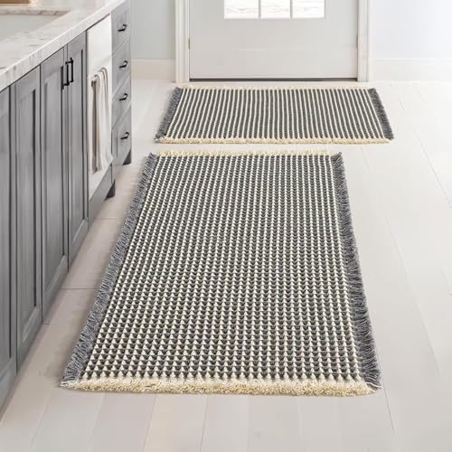ARRITS Boho Waffle Badteppich Set 2 Teilig 61x122cm Grau Beige Super Saugfähiger Weich Lange Waffle Badematte Set rutschfest Waschbar Badvorleger Badezimmerteppich Duschvorleger für Badezimmerboden von ARRITS