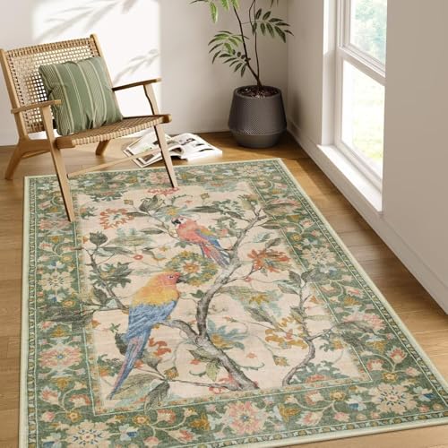 ARRITS Botanische Vögel Teppich Wohnzimmer 100x120cm Grün, Weich Vintage Boho Insekten Floral Teppiche, Waschbar rutschfest Ultra-Thin Große Kurzflor Carpet für Schlafzimmer Esszimmer Kinderzimmer von ARRITS