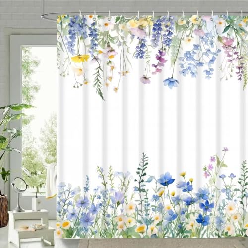 ARRITS Duschvorhang Bunt 150x180cm, Anti Schimmel Wasserdicht Blätter Bunt Blumen Pflanzen Duschvorhang, Beschwerter Saum Waschbar Polyester Stoff Badevorhänge für Badewanne, Badezimmer mit 12 Haken von ARRITS