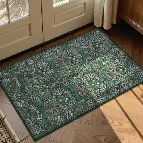 ARRITS Fußmatte Blumen 50x80cm Kleiner Küchenteppich Waschbar rutschfest Vintage Boho Dunkelgrün Wald Design Eingangsteppich, Weich Kurzflor Dünn Fußmatte Innen Eingang für Küche Haustür Inneneingang von ARRITS