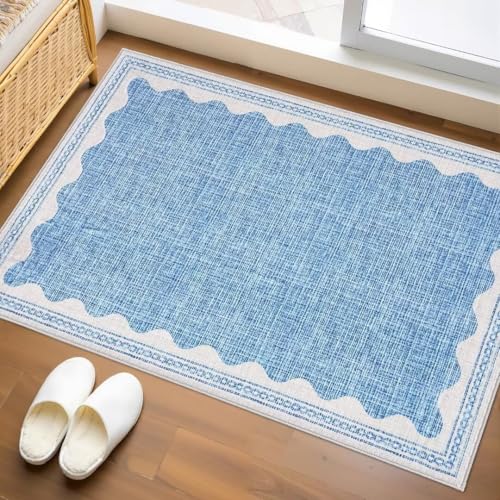 ARRITS Fußmatte Indoor Teppiche Kleine für Eingang 50x80cm, Waschbar rutschfeste Blau Moderne Minimalismus Weich Low-Pile Scalloped Teppich für Schlafzimmer Küche Bad Eingang mit Gummi Rücken von ARRITS