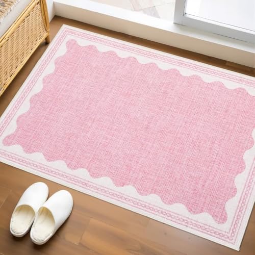 ARRITS Fußmatte Indoor für Eingang Teppich Kleiner 60x90cm Waschbar rutschfest Rosa Modern Minimalistisch Kurzflor Throw Carpet für Mädchen Schlafzimmer Küche Haustür Badezimmer Kinderzimmer von ARRITS