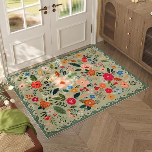 ARRITS Fußmatte Innen 50x80 cm, Boho Blumen Teppich Kleiner, Weicher rutschfest Kurzflor Teppich Waschbar für Eingangsbereich, Küche, Haustür, Inneneingang, Eingang, Kinderzimmer (Grün) von ARRITS