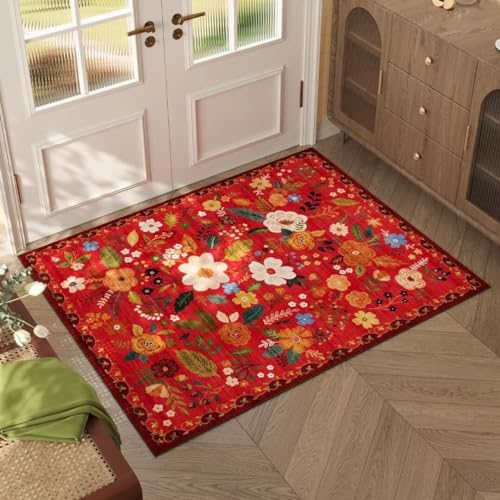 ARRITS Fußmatte Innen 50x80 cm, Boho Blumen Teppich Kleiner, Weicher rutschfest Kurzflor Teppich Waschbar für Eingangsbereich, Küche, Haustür, Inneneingang, Eingang, Kinderzimmer (Rot) von ARRITS