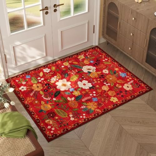 ARRITS Fußmatte Innen 50x80 cm Kleiner - Rot Blumenmuster Boho Vintage, Waschbarer & rutschfest für Eingangsbereich, Küche, Bad, Haustür, Schlafzimmer - Weicher Kurzflor Teppich, Leicht zu reinigen von ARRITS