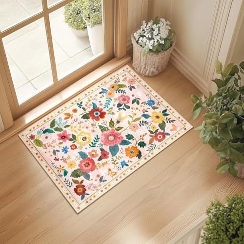 ARRITS Fußmatte Innen 50x80 cm Waschbar, Boho Blumen Teppich Kleiner, Weicher rutschfest Kurzflor Teppich für Eingangsbereich, Küche, Haustür, Inneneingang, Eingang, Kinderzimmer (Beige) von ARRITS