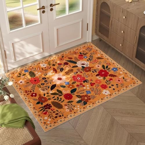 ARRITS Fußmatte Innen 60x90 cm, Boho Blumen Teppich Kleiner, Weicher rutschfest Kurzflor Teppich Waschbar für Eingangsbereich, Küche, Haustür, Inneneingang, Eingang, Kinderzimmer (Orange) von ARRITS