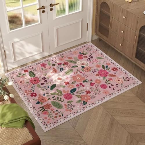 ARRITS Fußmatte Innen 60x90 cm Kleiner - Rosa Blumenmuster Boho Vintage, Waschbarer & rutschfest für Eingangsbereich, Küche, Bad, Haustür, Schlafzimmer - Weicher Kurzflor Teppich, Leicht zu reinigen von ARRITS