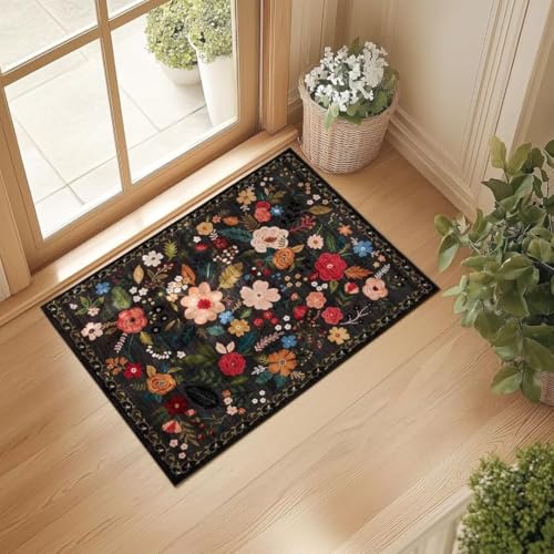 ARRITS Fußmatte Innen 60x90 cm Waschbar, Boho Blumen Teppich Kleiner, Weicher rutschfest Kurzflor Teppich für Eingangsbereich, Küche, Haustür, Inneneingang, Eingang, Kinderzimmer (Schwarz) von ARRITS