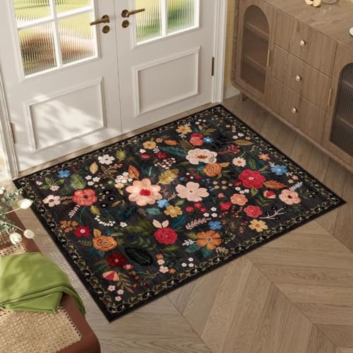 ARRITS Fußmatte Innen Schwarz, Boho Blumen Teppich Kleiner, Weicher rutschfest Kurzflor Teppich Waschbar für Eingangsbereich, Küche, Haustür, Inneneingang, Eingang, Kinderzimmer (60x90 cm) von ARRITS