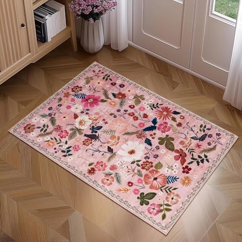 ARRITS Fußmatte innen 60x90cm Rosa - Vintage Beige Bumen Waschbarer Dünn Eingangsteppich, Weich Rutschfester Kurzflor Boho Teppich Rustikaler Stil Kleiner Tepich für Eingang Patio Haustür Flur Küche von ARRITS