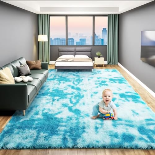 ARRITS Hochflor Teppich 140x200cm, Hellblau Weich Wohnzimmer Teppich Flauschig, Moderne Rechteckig rutschfest Langflor Shaggy Teppiche Schlafzimmer Waschbar Bettvorleger Outdoor Carpet von ARRITS