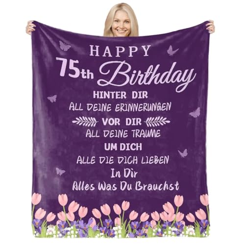 ARRITS Personalisierte 75. Geburtstag Geschenk Kuscheldecke für Frauen, Geburtstagsgeschenk für Eltern Großeltern Tochter Frau, Geschenke für Frauen Zum Geburtstag, Flanell Lila Fleecedecken von ARRITS