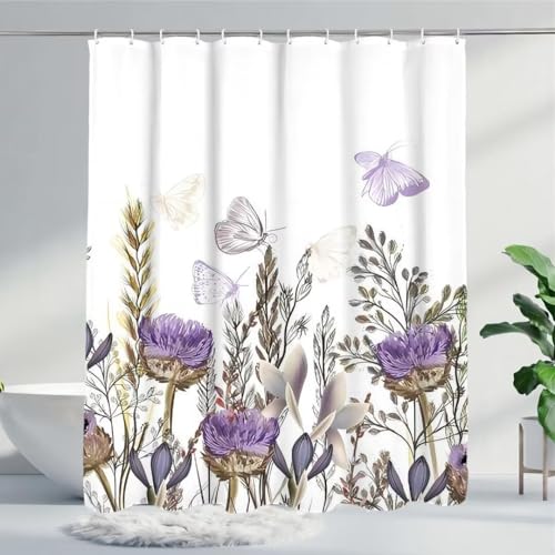 ARRITS Pflanzen Duschvorhänge 180x240cm mit 12 Haken, Frühling Lila Schmetterling Blumen Duschvorhang für Badezimmer, Beschwerter Saum Anti Schimmel Wasserdicht Polyester Textil Blickdicht Waschbar von ARRITS