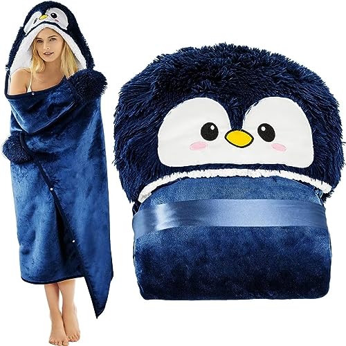 ARRITS Pinguin Tragbare Decke, Warme Sherpa Wolle und Bequem Flanell Kuscheldecke, Pinguin Decke mit Kapuze und Pfoten Handschuhe, Cartoon Navy Blau Pinguin Geschenk 150x130cm von ARRITS