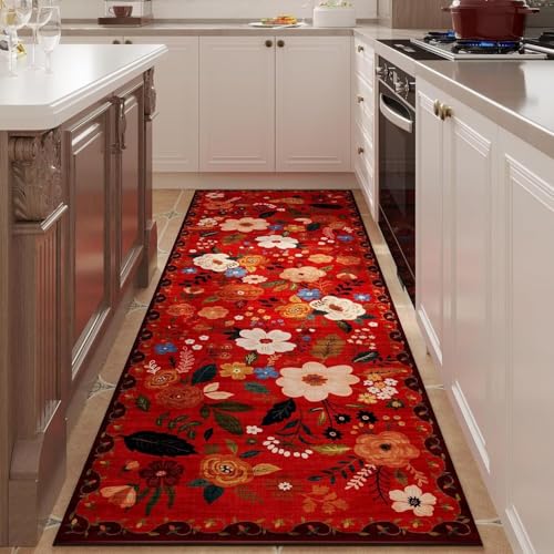 ARRITS Rot Waschbarer Läufer Teppich Flur 80x240cm Vintage Blumen Boho Teppich Weich rutschfest Blumenmuster Bettvorleger Kurzflor Flurläufer Teppiche für Küchen Wohnzimmer Schlafzimmer Badezimmer von ARRITS