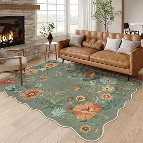 ARRITS Teppich Boho Blumen Rutschfester Waschbar Weicher Vintage Extra Große Teppich Wohnzimmer 140x200 cm Grün Kurzflor Unregelmäßig Geformte Flächenteppich für Wohnzimmer Schlafzimmer Kinderzimmer von ARRITS
