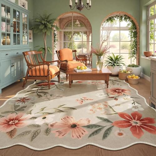 ARRITS Teppich Boho Blumen Rutschfester Waschbar Weicher Vintage Extra Große Teppich Wohnzimmer 200x230 cm Braun Kurzflor Unregelmäßig Geformte Flächenteppich für Wohnzimmer Schlafzimmer Kinderzimmer von ARRITS