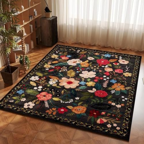 ARRITS Boho Blumen Teppich Schwarz 100x120 cm, Wohnzimmer Schlafzimmer Kinderzimmer Kurzflor Rutschfest Waschbar, Weich Flauschig Vintage Rechteckiger von ARRITS