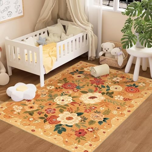 ARRITS Teppich Wohnzimmer Waschbar 160x230cm Orange - Kurzflor Boho Teppich Schlafzimmer - Groß Weich rutschfest Vintage Blumen Neutral Modern Rugs for Living Room Badezimmer Esszimmer Bedroom Büro ARRITS Teppich Wohnzimmer Waschbar 160x230cm Orange - Kurzflor Boho Teppich Schlafzimmer - Groß Weich rutschfest Vintage Blumen Neutral Modern Rugs for Living Room Badezimmer Esszimmer Bedroom Büro von ARRITS